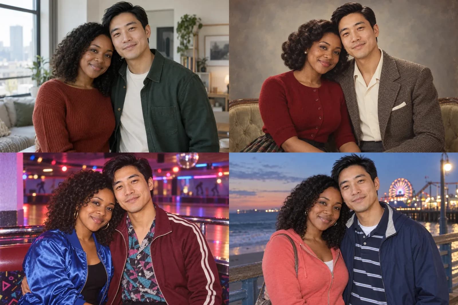 One fictional couple in a modern source portrait and matched 1950s, 1980s and early-2000s editorial reimaginings