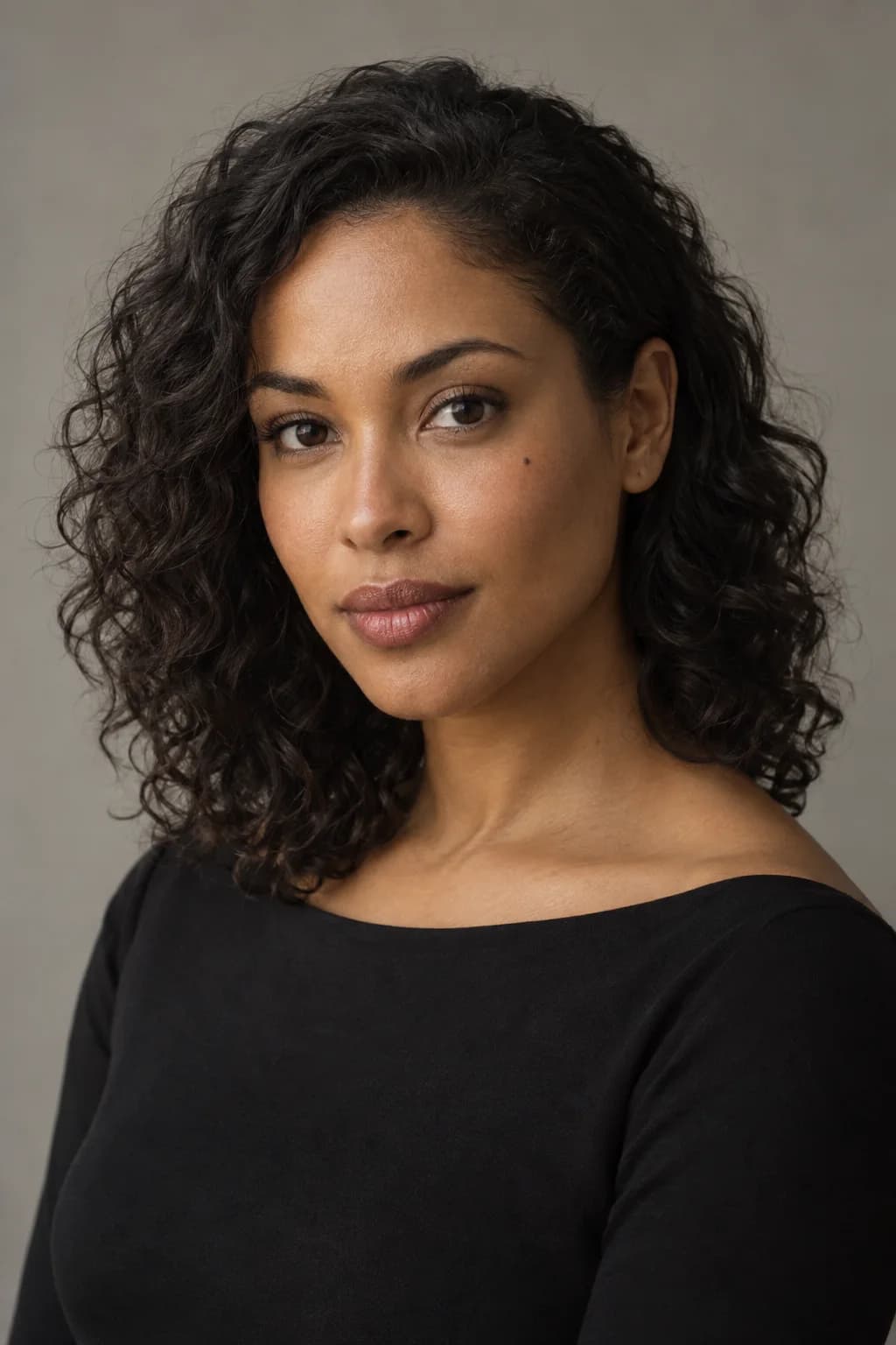 A woman in a black top against a warm-gray modern studio backdrop