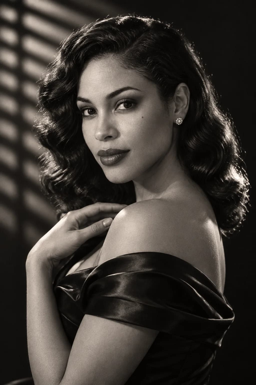 The same fictional woman reimagined in a black satin gown under sculpted black-and-white studio light