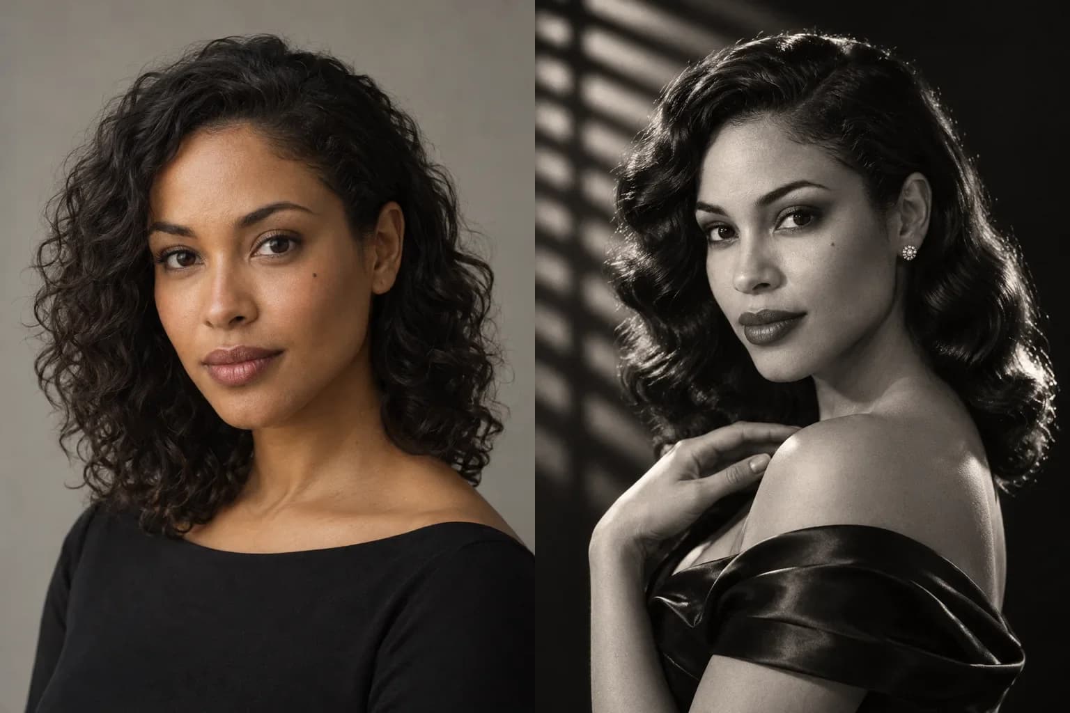 A modern portrait beside a matched hard-lit Old Hollywood glamour reimagining of the same woman