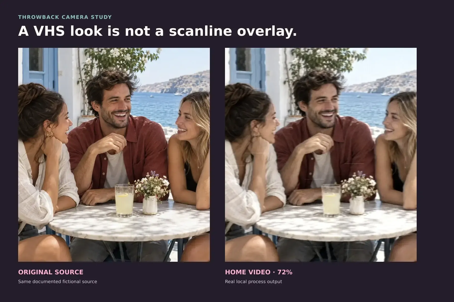 A documented fictional source photo beside the authentic Throwback Home Video local-process result at 72 percent intensity