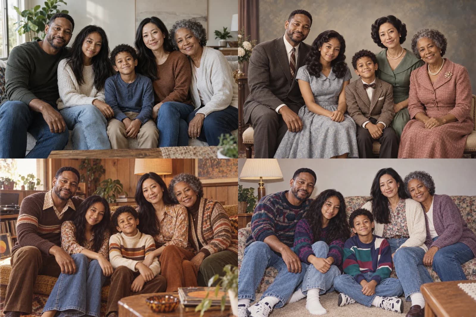 One fictional five-person family in modern, 1950s, 1970s and early-1990s editorial reimaginings