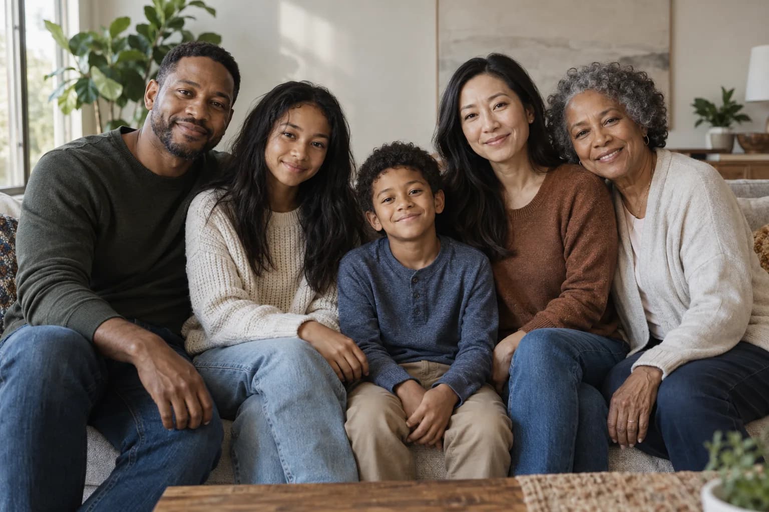 A completely fictional five-person family together in a contemporary living room