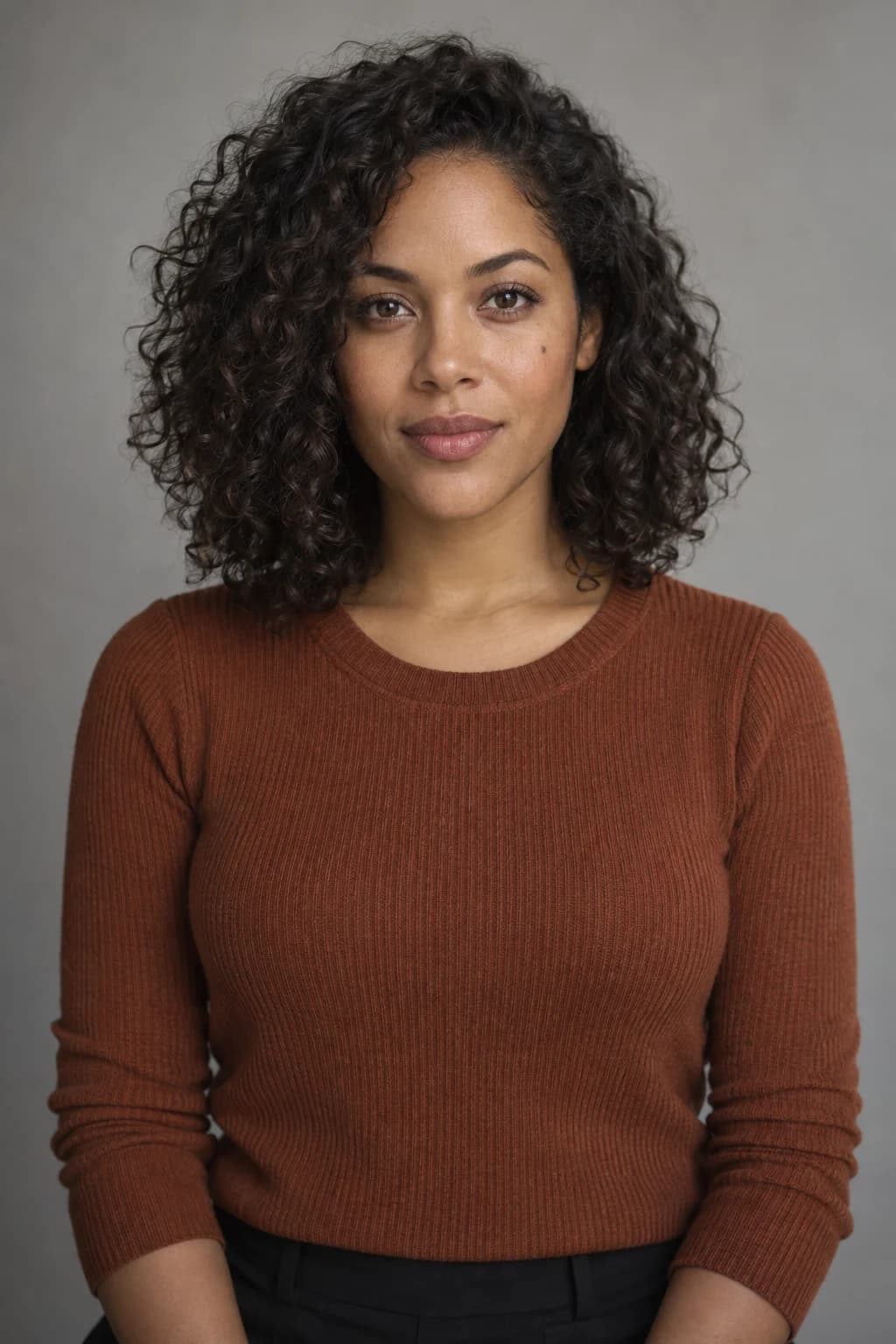 A completely fictional woman with natural dark curls in a rust knit top against a neutral modern studio background