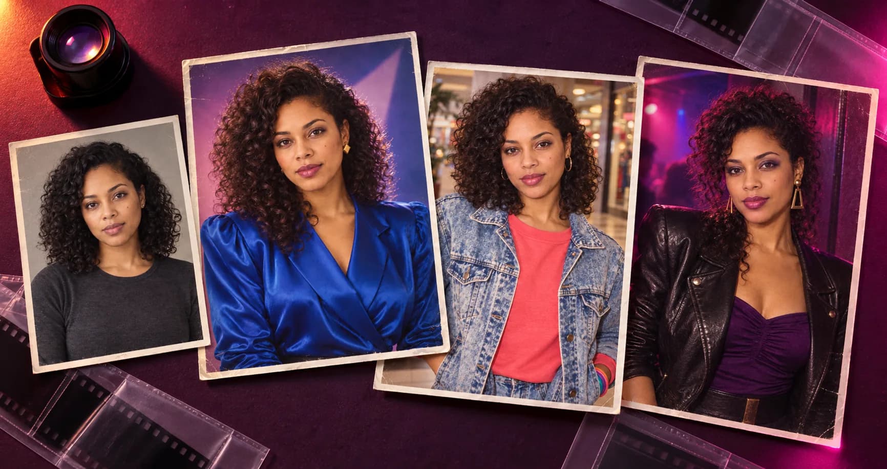 One fictional modern portrait beside three editorial AI reimaginings of the same woman in distinct 1980s personas