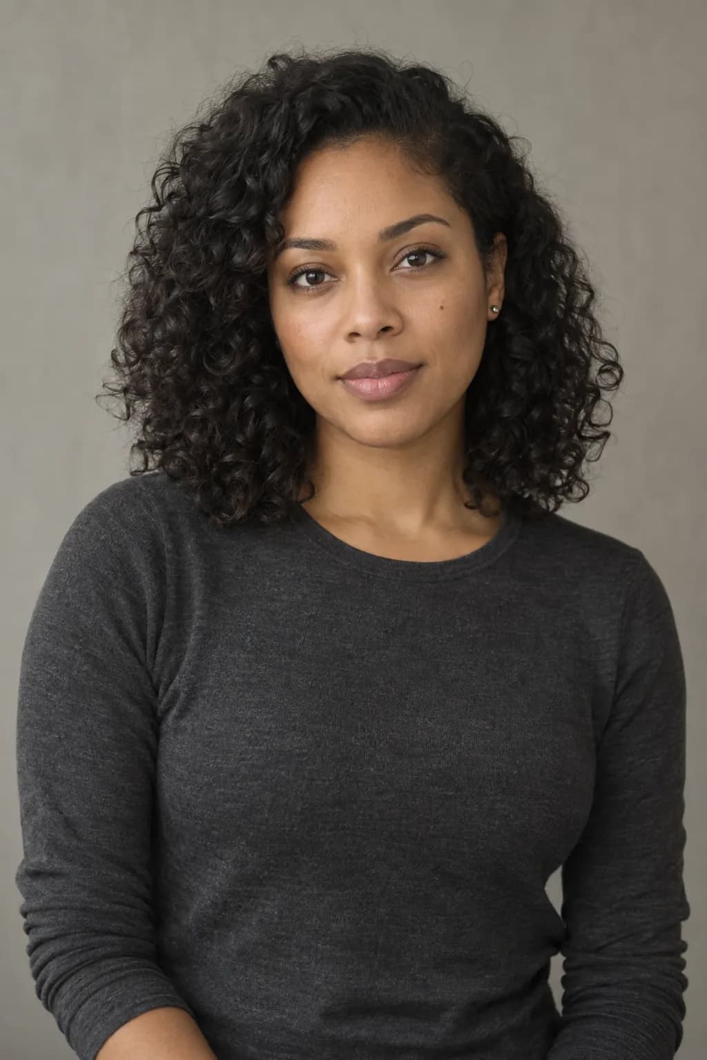 A completely fictional woman in a simple charcoal top against a neutral modern studio background