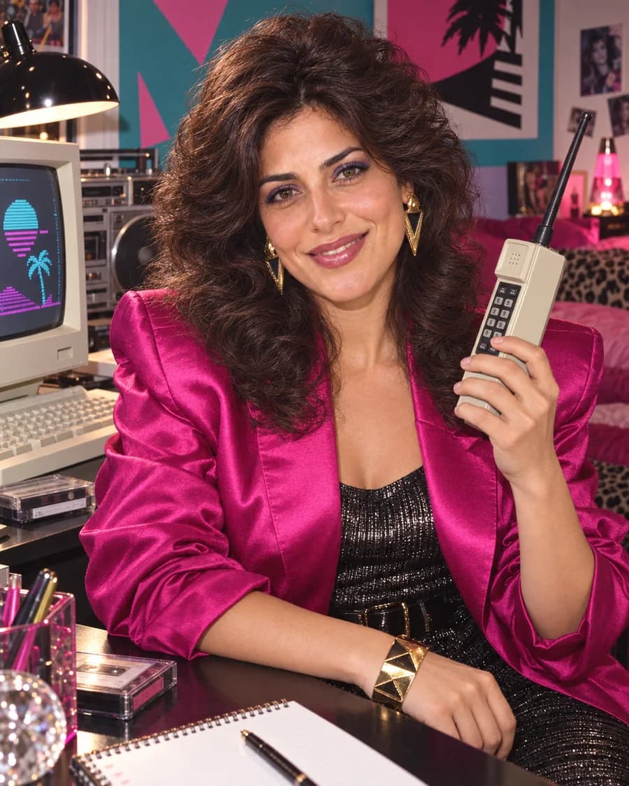 Illustrative portrait in an eighties outfit and setting