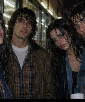 1990s grunge film group portrait outside a rainy corner store
