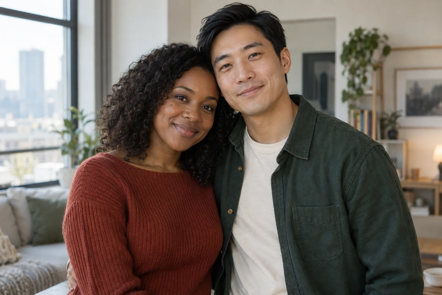 A fictional contemporary couple together in a bright apartment
