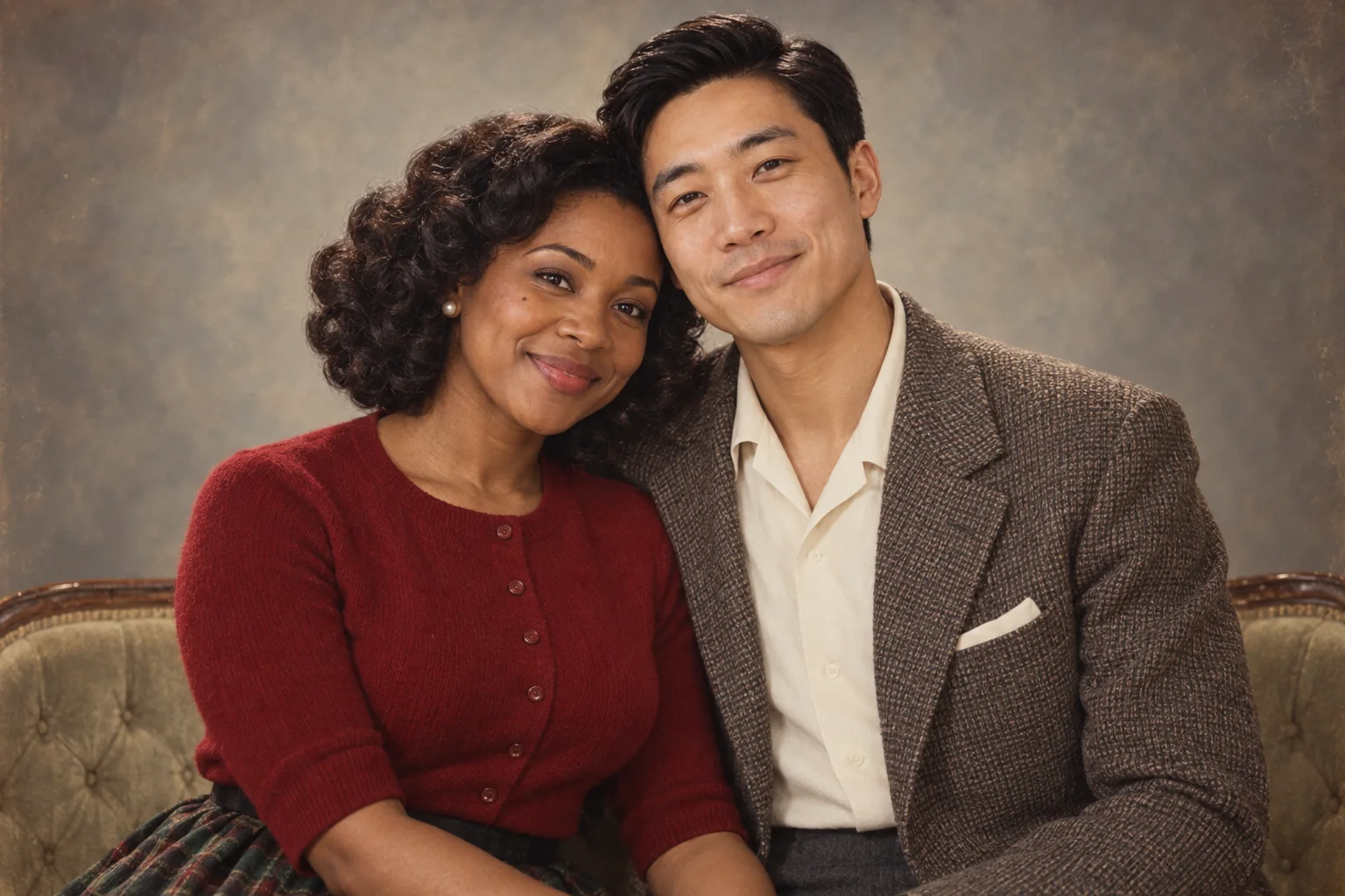 The same fictional couple reimagined in a 1950s portrait studio