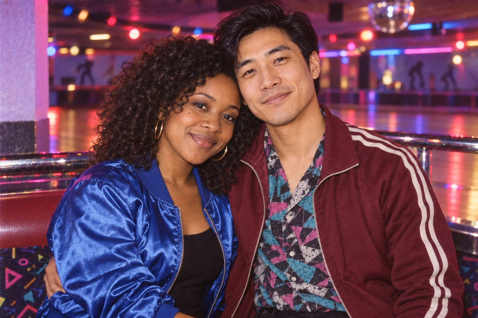 The same fictional couple reimagined at a 1980s roller rink