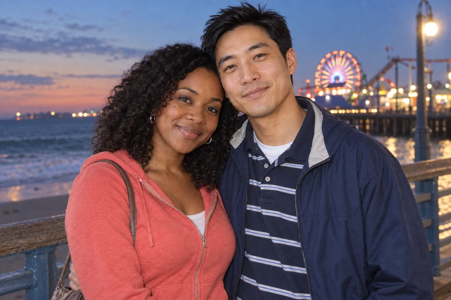 The same fictional couple reimagined on an early-2000s seaside boardwalk