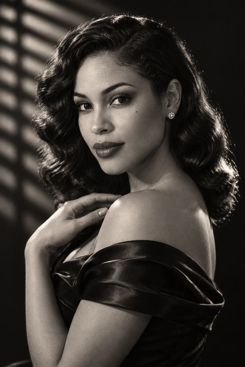Fictional woman in a black satin gown under hard side light and a slatted studio shadow