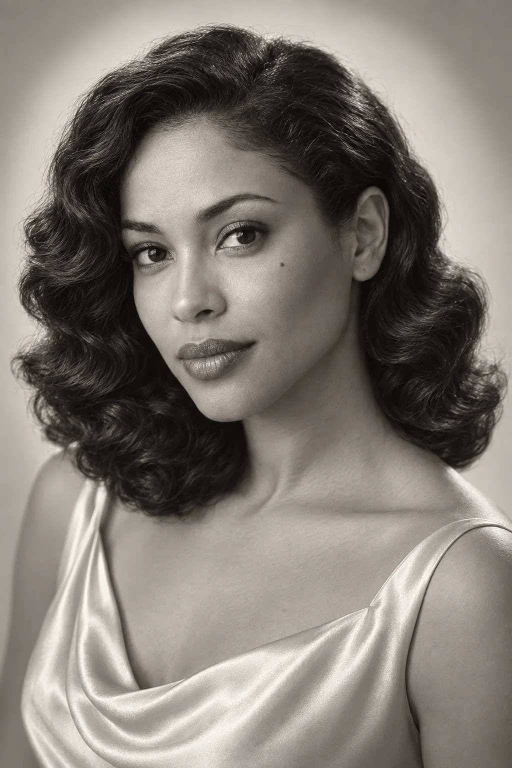 Same fictional woman in a pale satin dress under soft luminous black-and-white studio light