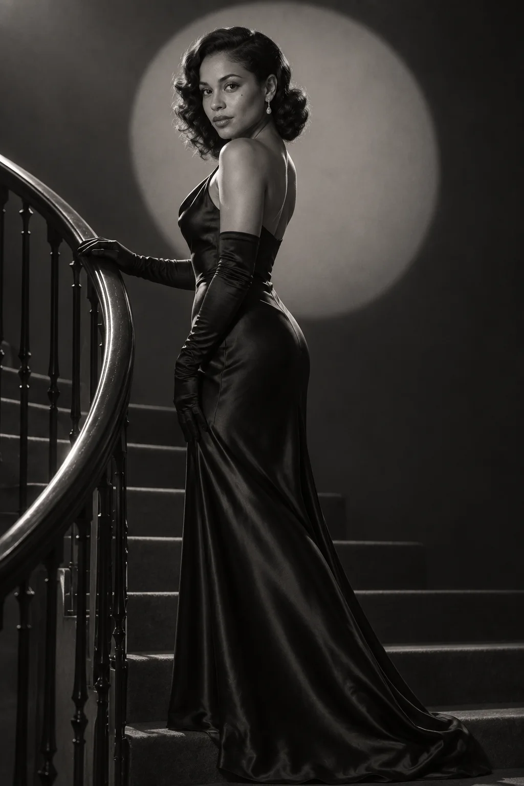 Same fictional woman in a floor-length black satin gown posed on a staircase in a circular spotlight