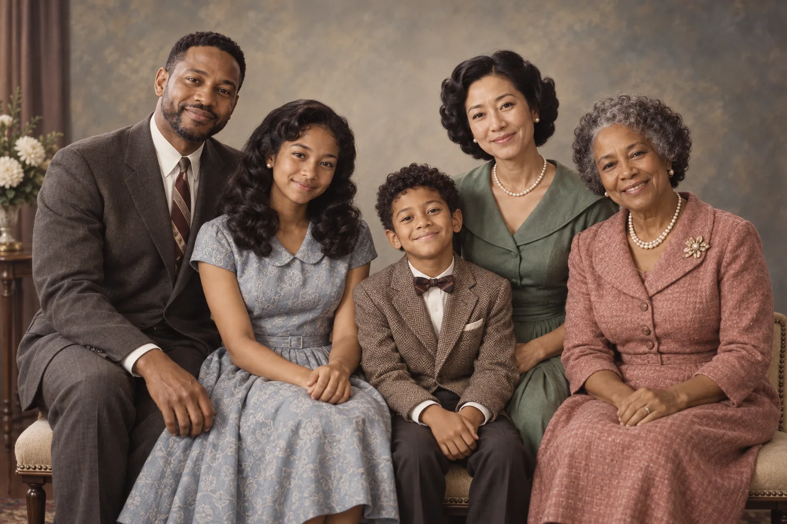The same fictional five-person family in a formal late-1950s portrait studio