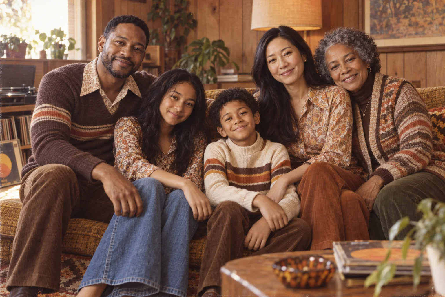 The same fictional family gathered in a warm mid-1970s family room