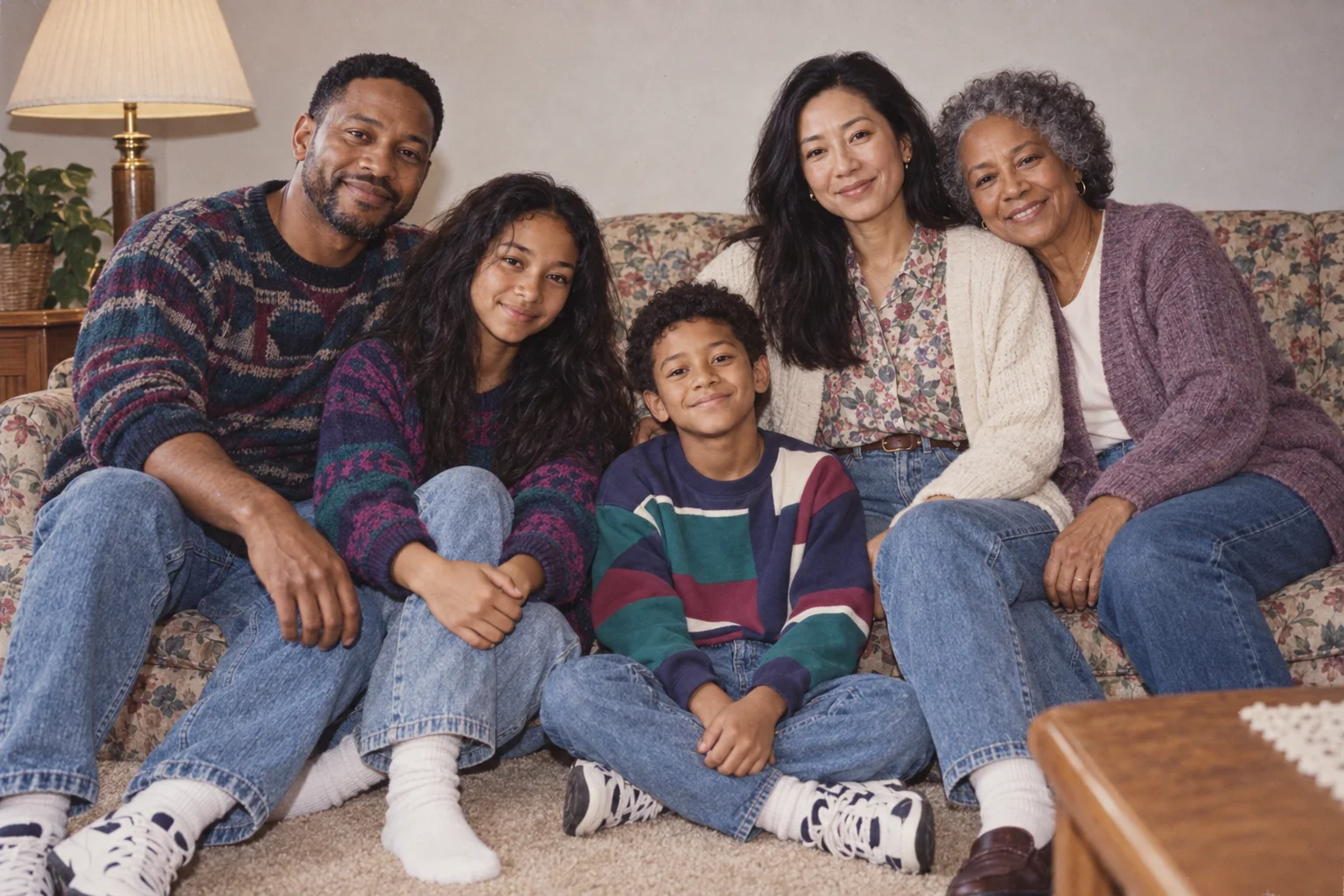 The same fictional five-person family in an early-1990s family-room portrait