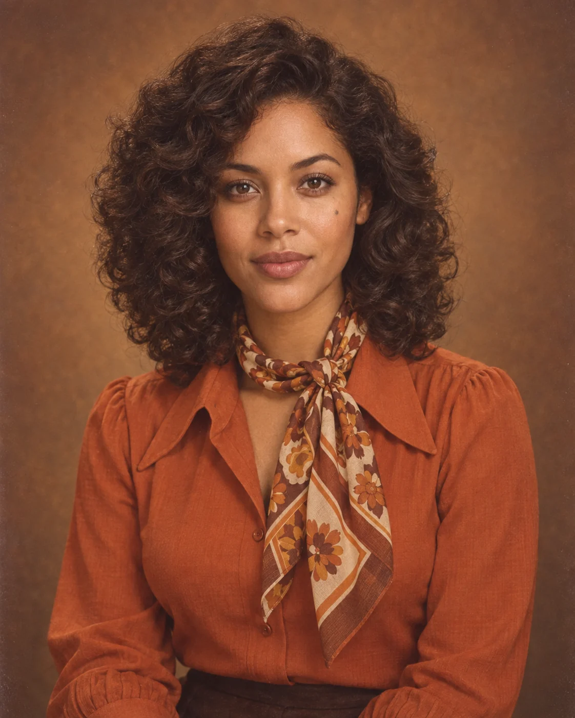 Woman in a rust blouse and patterned scarf posed against a warm department-store studio backdrop