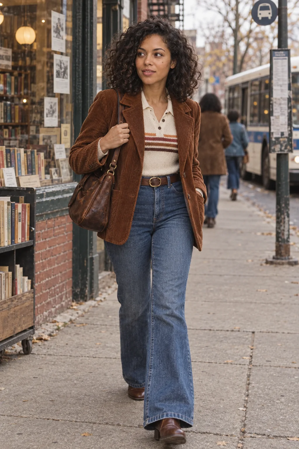 Woman in a corduroy jacket and high-waisted jeans outside a neighborhood bookshop