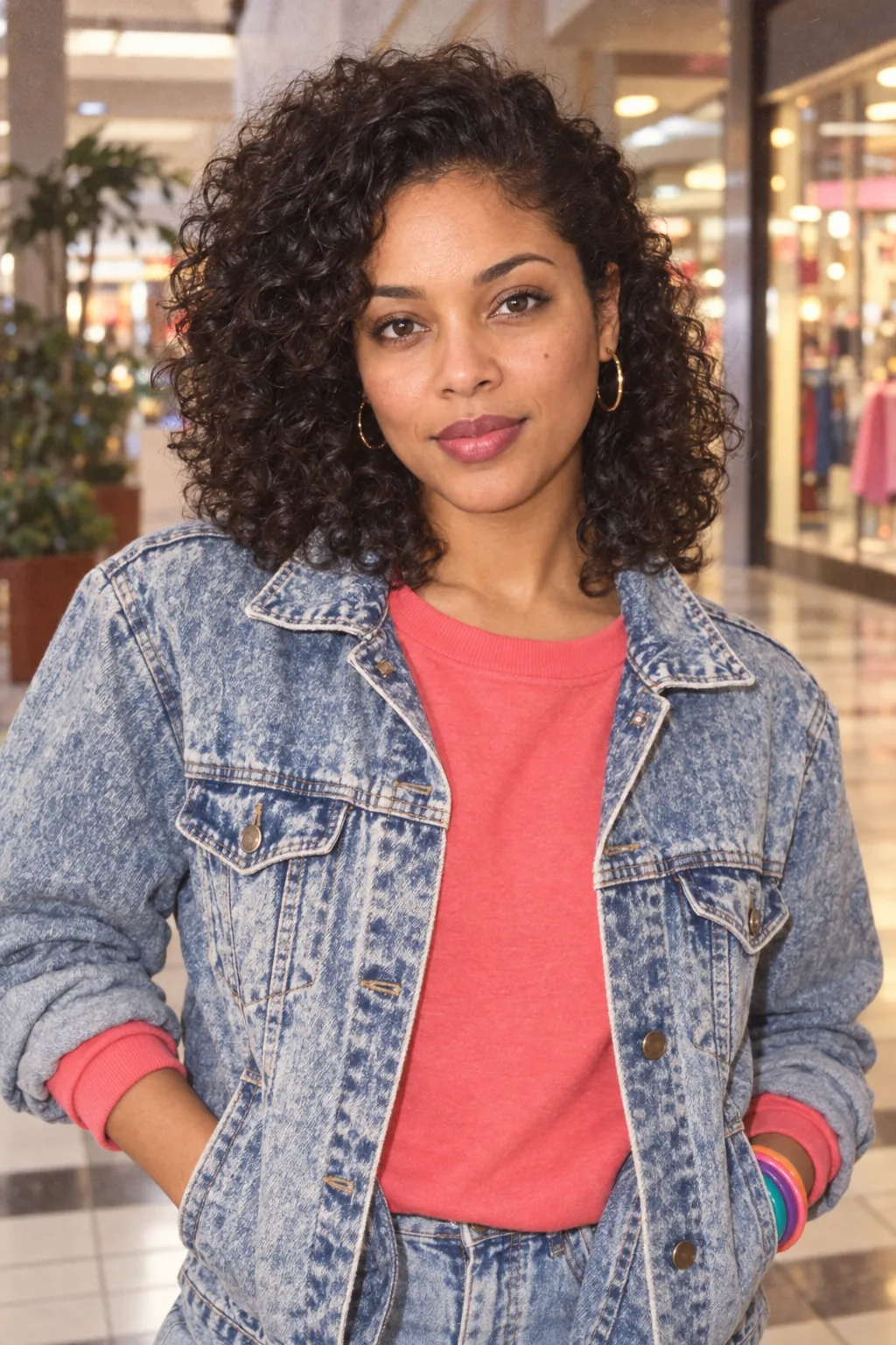 The same fictional woman reimagined in acid-wash denim and coral inside a 1980s-style shopping mall